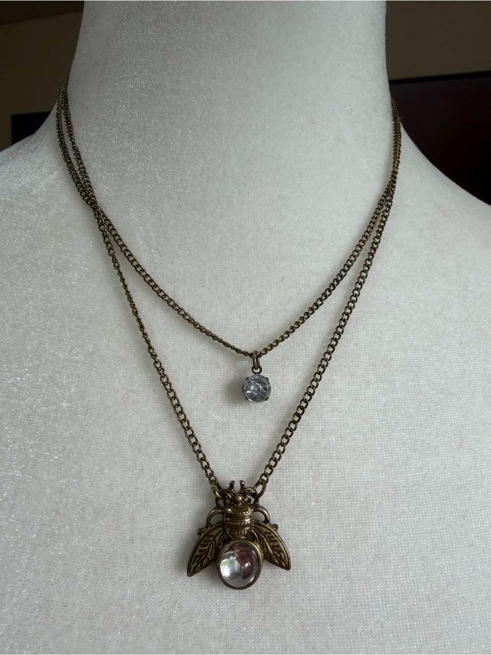 3/$20 ❤️ Antique Gold Bee Layered Necklace with Clear Crystal Pendant